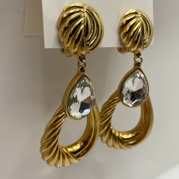 Vintage Gold Tone Dangling Earrings with Clear Stone - Picture 2 of 12